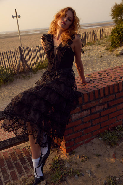 For Love and Lemons Daisy Eyelet Midi Dress - Black