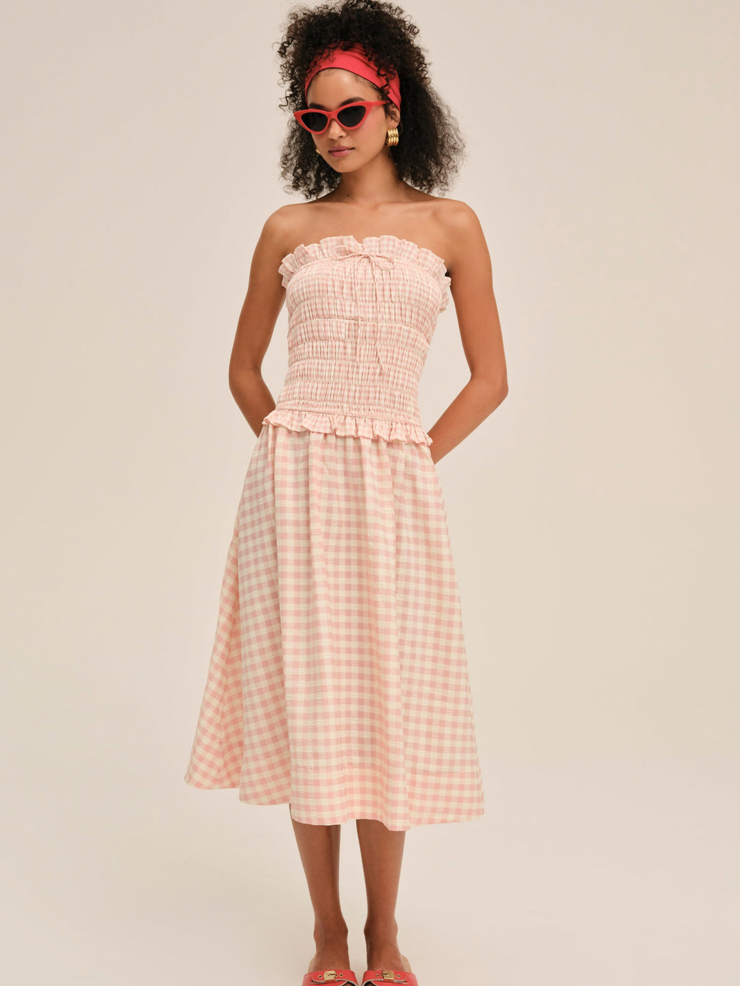 For Love and Lemons Petal Gingham Midi Dress - Peach