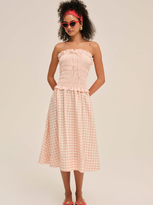 For Love and Lemons Petal Gingham Midi Dress - Peach