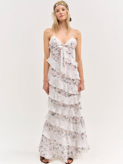 For Love and Lemons Debby Ruffled Maxi Dress - White